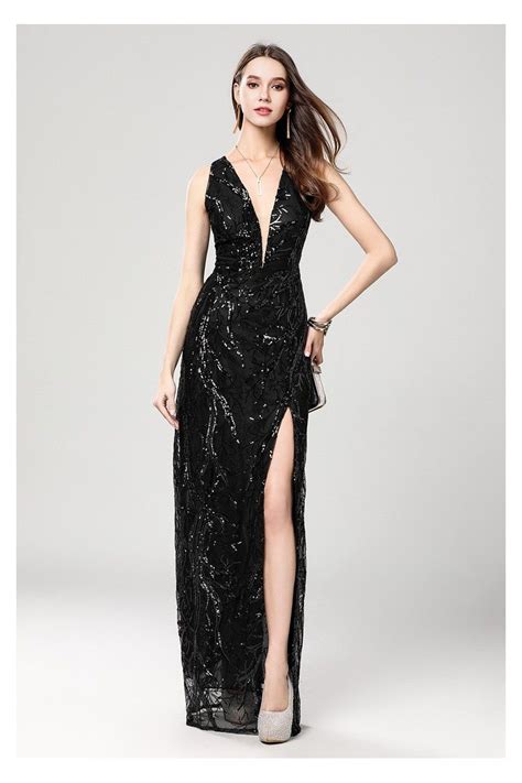 Sexy Black Sequin Deep V Neck Slit Prom Evening Dress 111 86 Ck644