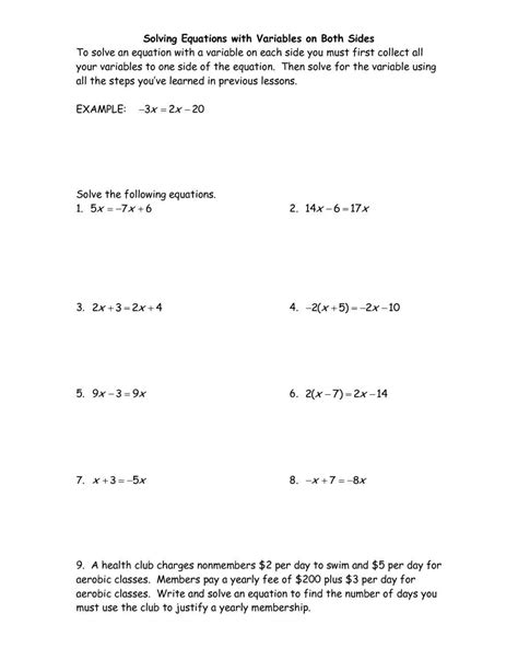 solving equations  variables   sides worksheet  grade db