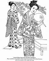 Geisha Coloring Drawing Japan Decorated Plum Medallions Yukata Casual Drawings Clothing Designlooter Netart sketch template