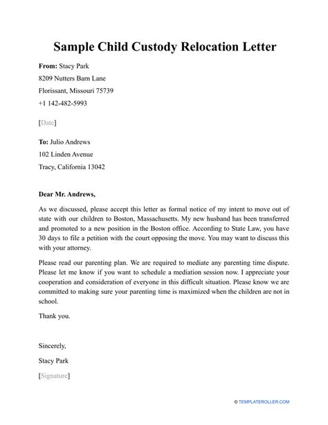 sample child custody relocation letter  printable