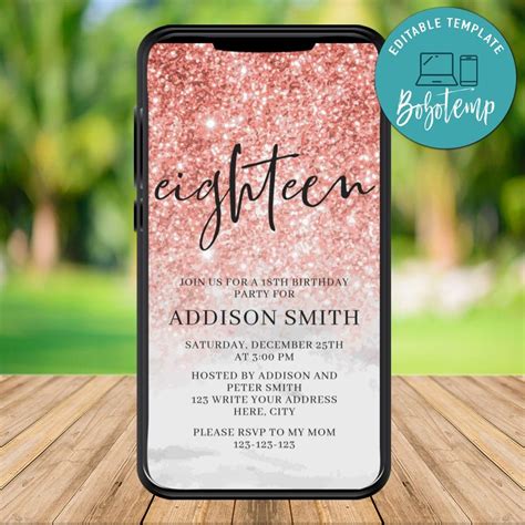 electronic rose gold  electronic invite birthday template diy