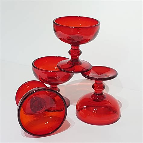 set   vintage red pressed glass pedestal dessert dishes sundae