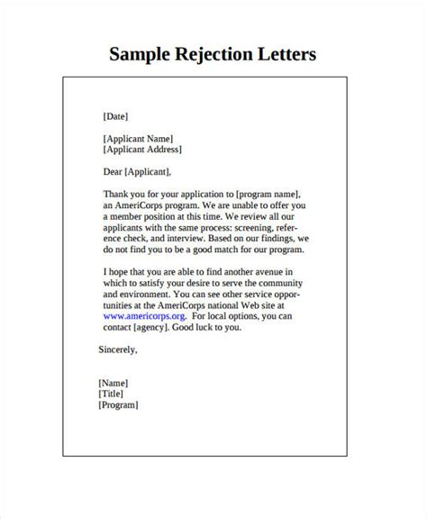 applicant rejection letters  sample  format