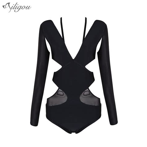 Ailigou 2017 New Skinny Sexy Hollow Out Bodysuits Full Length Deep V