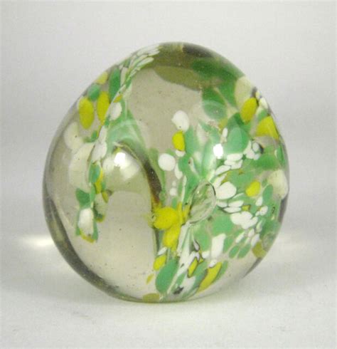 Art Glass Paperweight Flower Confetti Green Yellow Control Bubble Clear