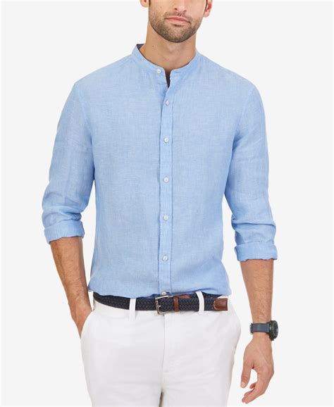 nautica mens linen banded collar long sleeve shirt casual button  shirts men mens