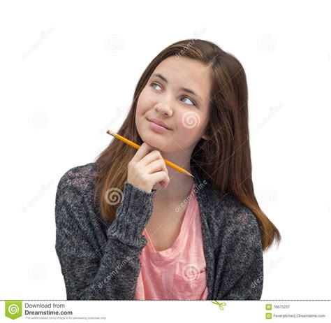 Cute Mixed Race Teen Girl Thinking With Pencil Stock Image