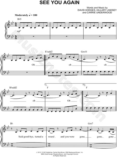 Carrie Underwood See You Again Sheet Music Easy Piano In Bb Major