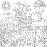 Coloring Unicorn Castle Adult Fairy Landscape Air Hot Flowers Balloon Drawing Tale sketch template