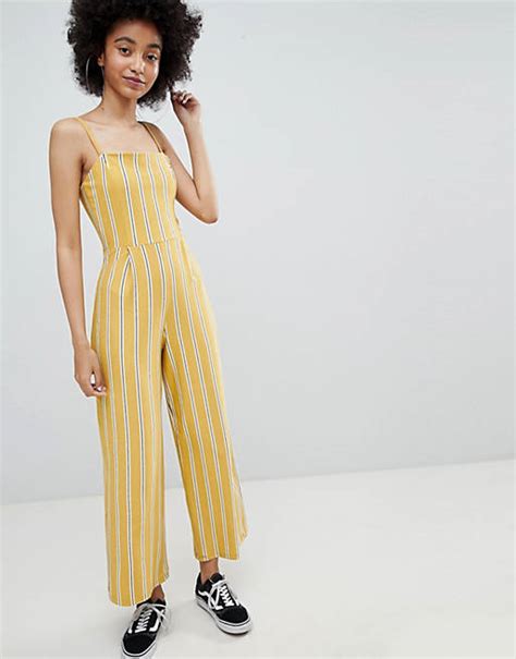 bershka stripe wide leg jumpsuit  yellow asos