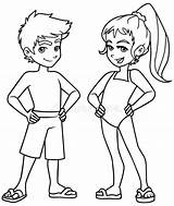 Swimsuits Coloring Kids Girl Boy Illustration Beach Line Children Wearing Swimming sketch template
