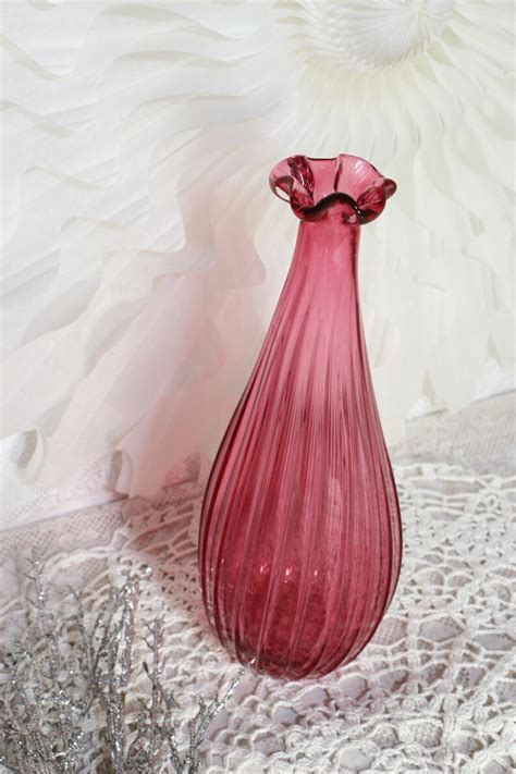 Vintage Hand Blown Pink Swirl Glass Vase Ruffled Rim Rough Etsy
