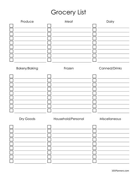 grocery list template  printable