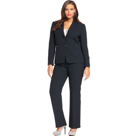 Tahari Plus Size Two Button Pinstripe Pant Suit In Blue