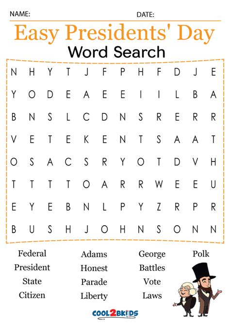 printable presidents day word search