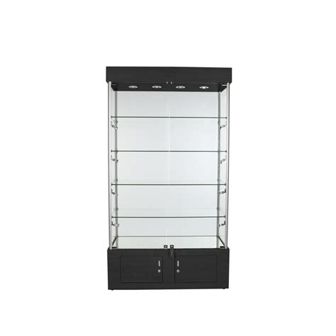 Assembled All Glass Tower Display Case With Shelves And 12 Halogen Lights