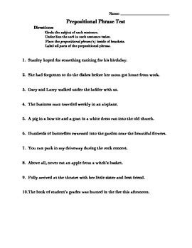 prepositional phrase worksheet  answers worksheet list