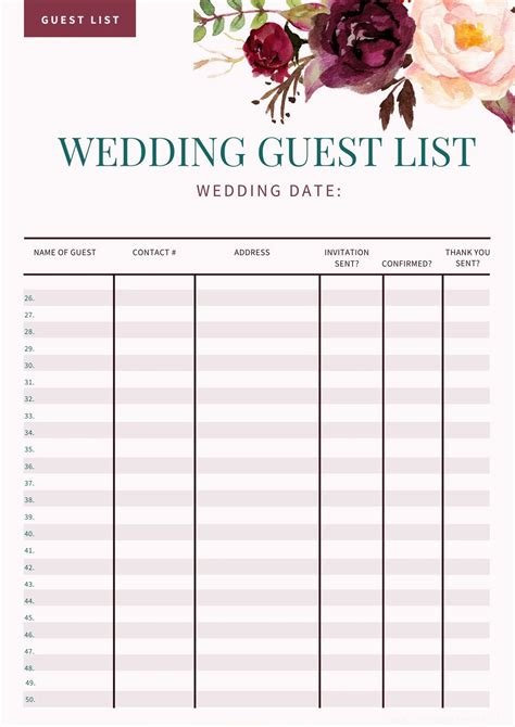 wedding guest list template printable  printable wedding