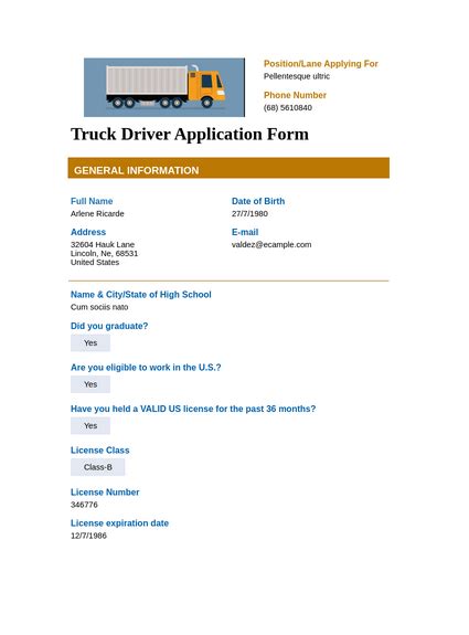 truck driver application template  templates jotform