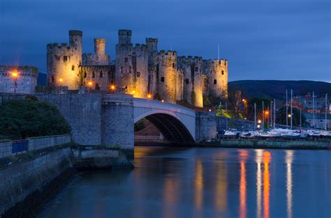 united kingdom castle rivers bridges night conwy castle wales cities wallpapers hd