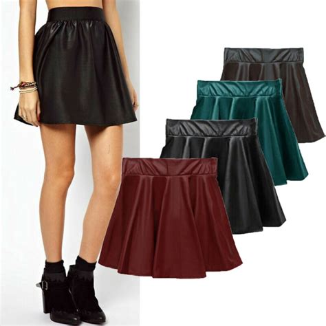 women stretch faux leather high waist skater flared ladies