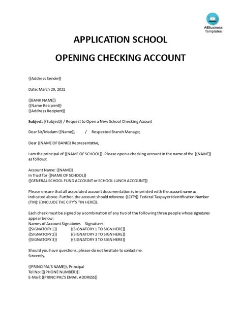 bank account application letter format templates