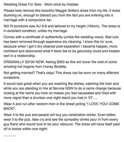 Woman Posts Hilarious Ad For Her Wedding Dress On Facebook Daily Mail