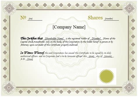 stock certificate templates excel word