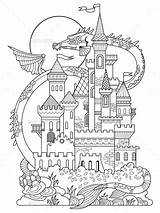 Dragon Castle Coloring Vector Book Drawing Illustration Pages Children Drawings Adult Fairy Visit Castles Dreamstime Stencil Tattoo sketch template