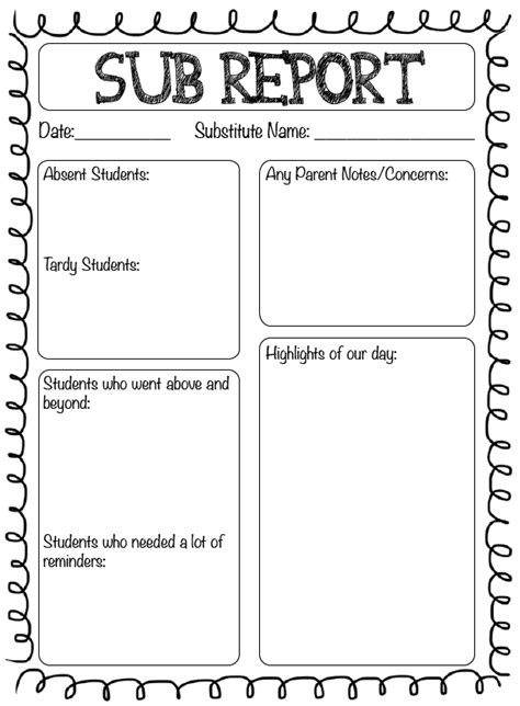 printable substitute teacher report form printable form