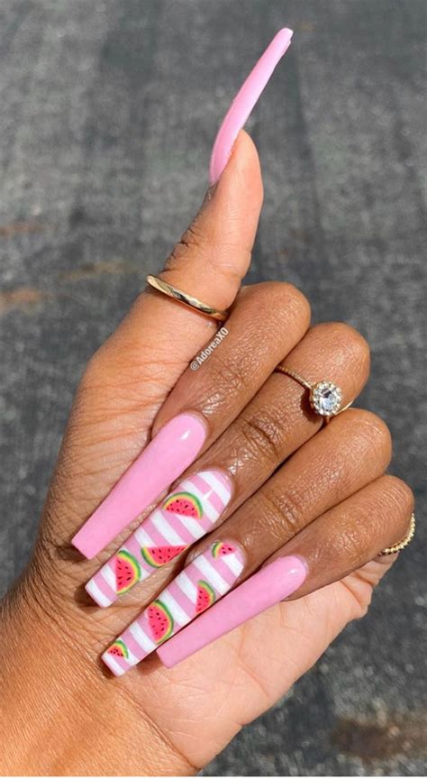 summer aesthetic nails designs  watermelon pink striped