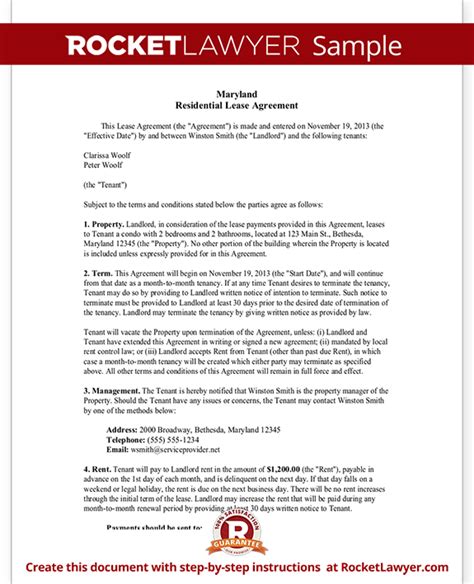 maryland lease agreement md rental contract form  sample