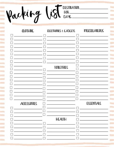 printable packing list packing list template printable packing