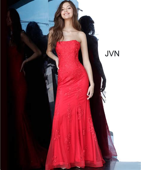 Jvn3097 Dress Jvn Red Lace Strapless Straight Neckline Prom Dress