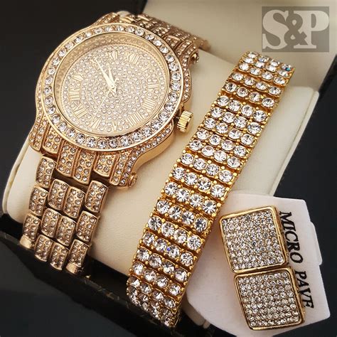 Men Hip Hop Iced Out Gold Pt Simulated Diamond Watch And Bracelet