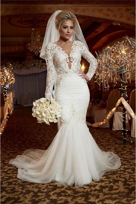 Sexy Mermaid Long Sleeves Lace Wedding Dresses Bridal