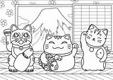 Giappone Japon Maneki Neko Fuji Adulti Coloriages Japonais Erwachsene Malbuch Chats Mont Template Difficiles Adultes Devant Coloriez Trois Justcolor sketch template