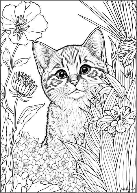 cute cat  flowers  cats adult coloring pages