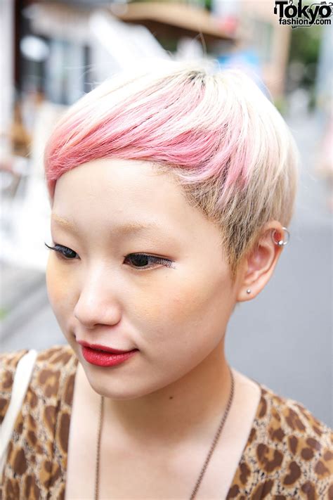 japanese girl s short pink hair leopard print pocket