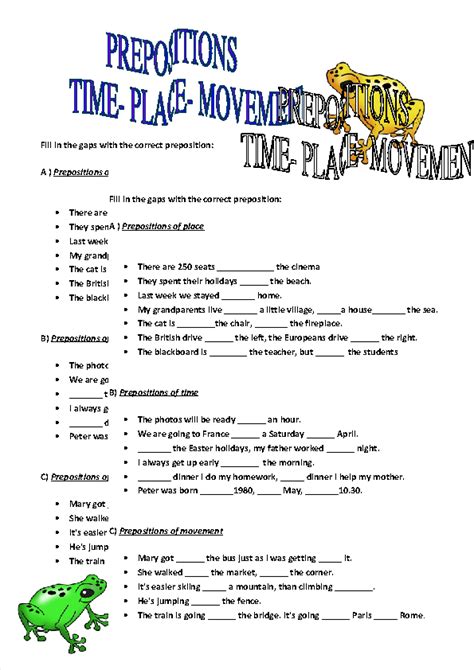 prepositions  time place  movement worksheet