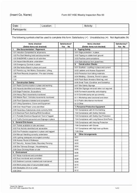 daily equipment inspection form elegant form  hse weekly inspection