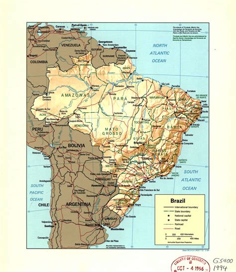large detail political and administrative map of brazil with relief rivers roads railroads
