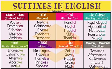 suffix  common suffixes  meaning great examples esl learn english teaching
