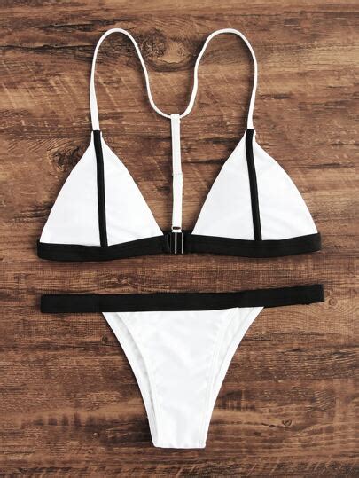 White Contrast Trim Sexy Triangle Bikini Set Shein Sheinside