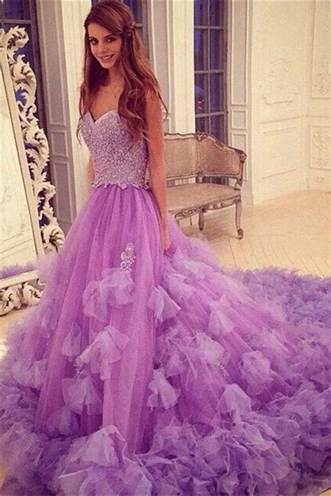 Stylish Sweetheart Court Train Purple Prom Dress With Beading Patchwork