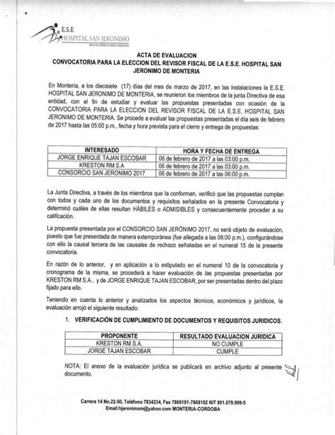Acta De Evaluacion Convocatoria Para La Eleccion Del Revisor Fiscal D…