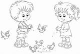 Coloring Boy Girl Pages Girls Boys Little Clipart Kids Feed Birds Drawings Color Small Feeding Clip Drawing Cute Printable Outline sketch template