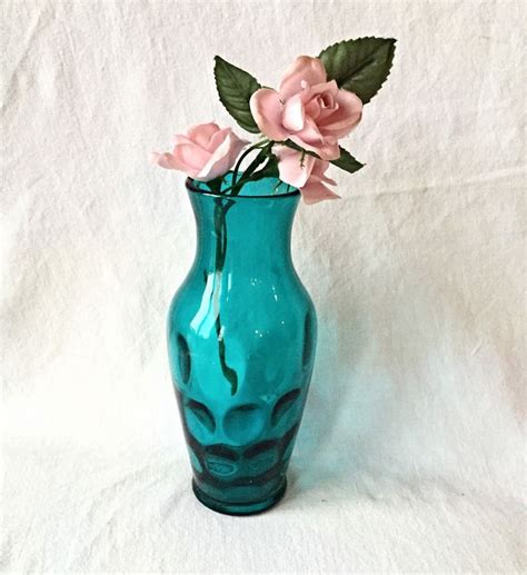 Vintage Turquoise Glass Vase Dark Teal Glass Vase With Thumbprint