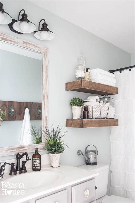 modern farmhouse bathroom  rustic wood shelving  toilet