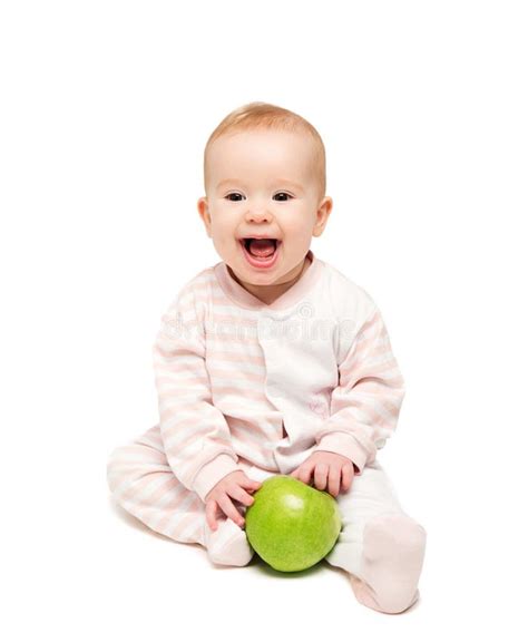 cute happy baby  fruit green apple isolated stock image image